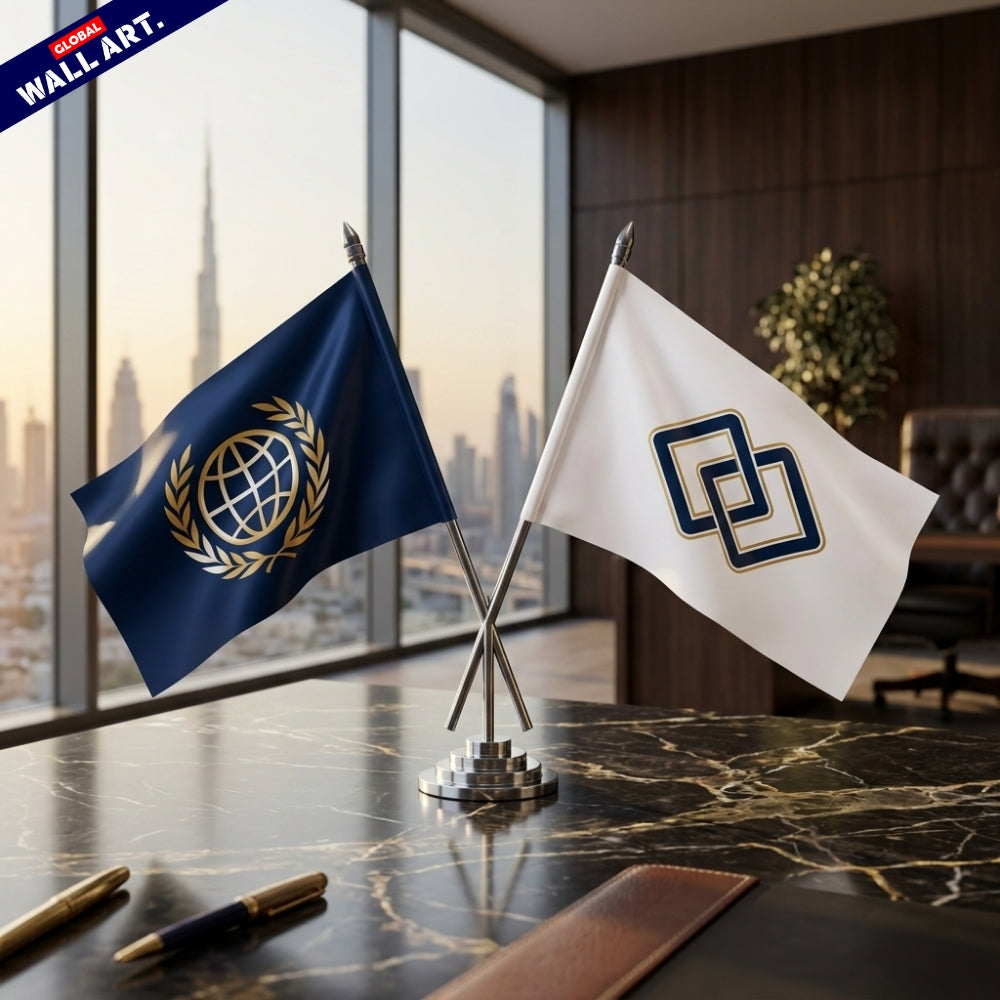 Custom Double Table Flags with Premium Stainless Steal Stand | Branded Office & Conference Desk Flags