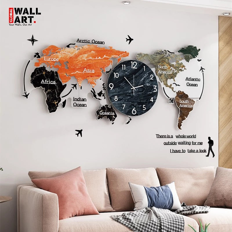 Marble Texture World Map Acrylic Wall Clock