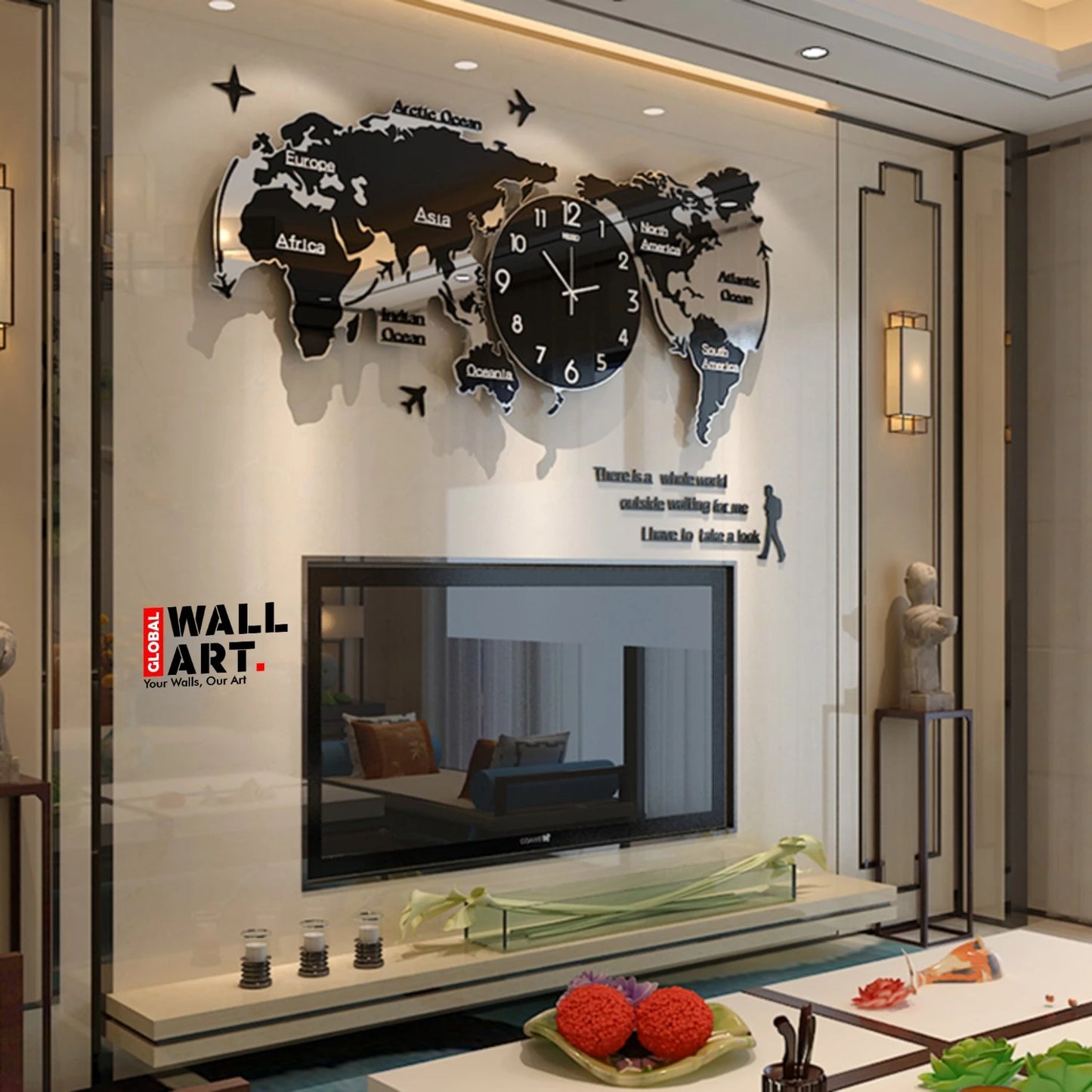 World Map Wooden Wall Clock - Self Adhesive - Global Wall Art