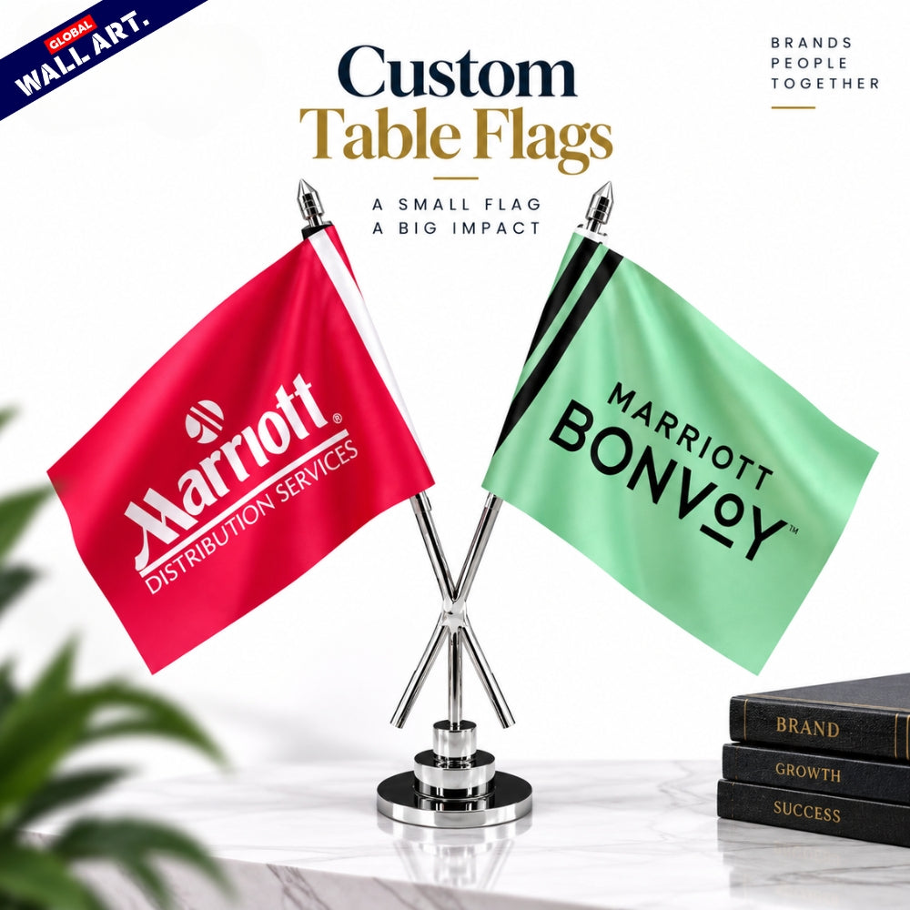 Custom Double Table Flags with Premium Stainless Steal Stand | Branded Office & Conference Desk Flags