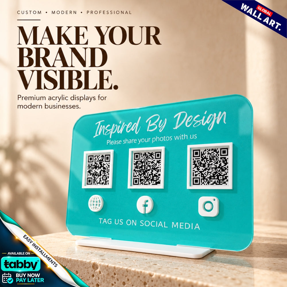 Custom rounded rectangle acrylic multi QR code social media display stand with personalized business branding