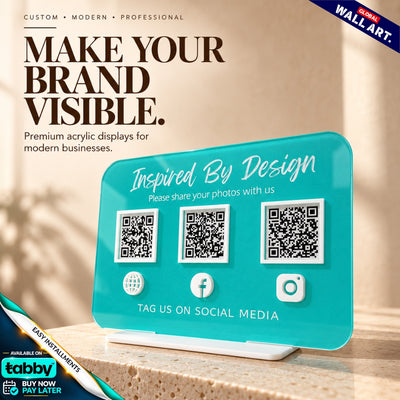 Custom rounded rectangle acrylic multi QR code social media display stand with personalized business branding