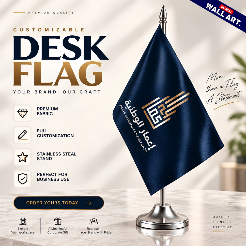 Custom Branded Table Flag with Premium Stainless Steal Stand | Corporate Desk Flag