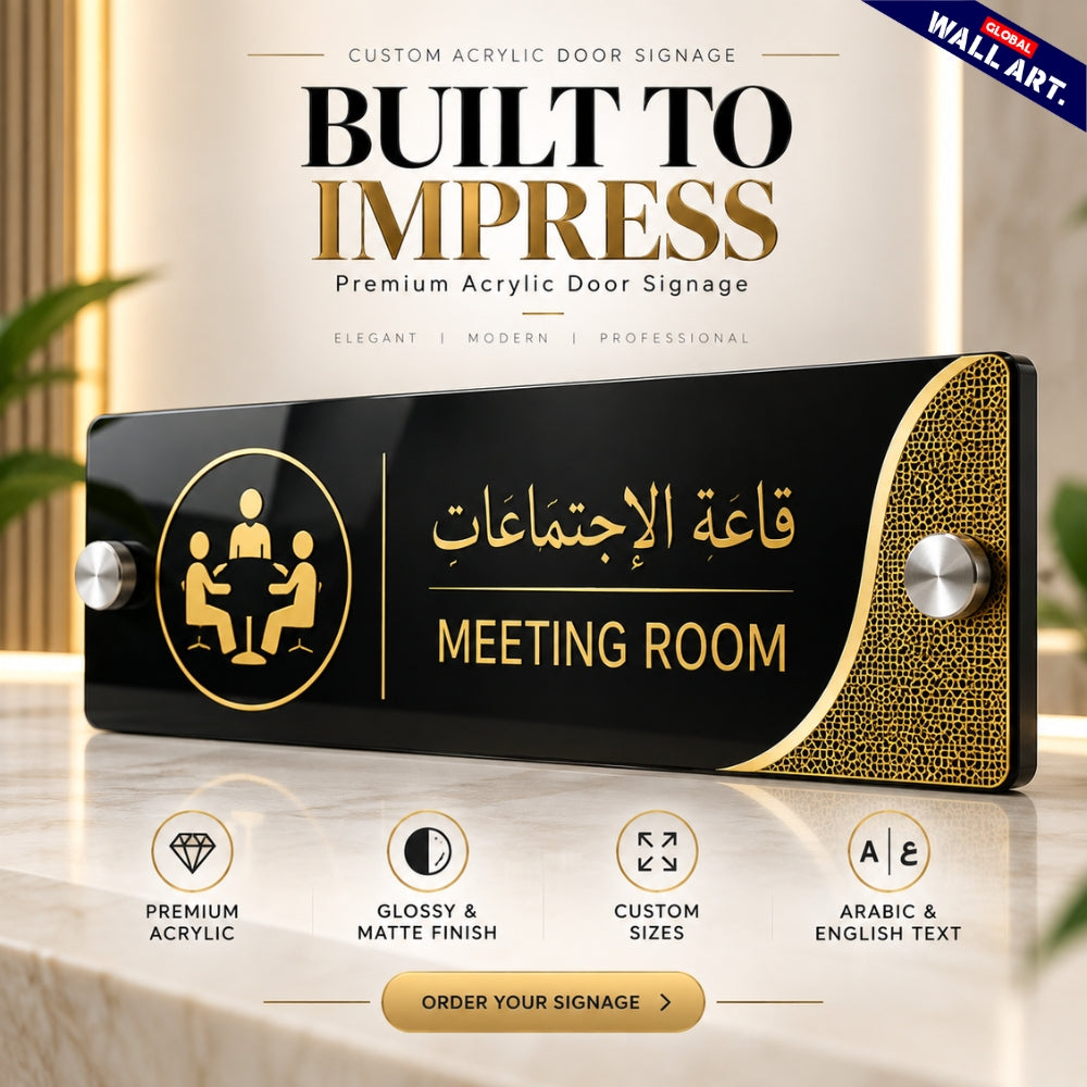 Premium custom acrylic office door signage with golden lettering and stainless steel spacers