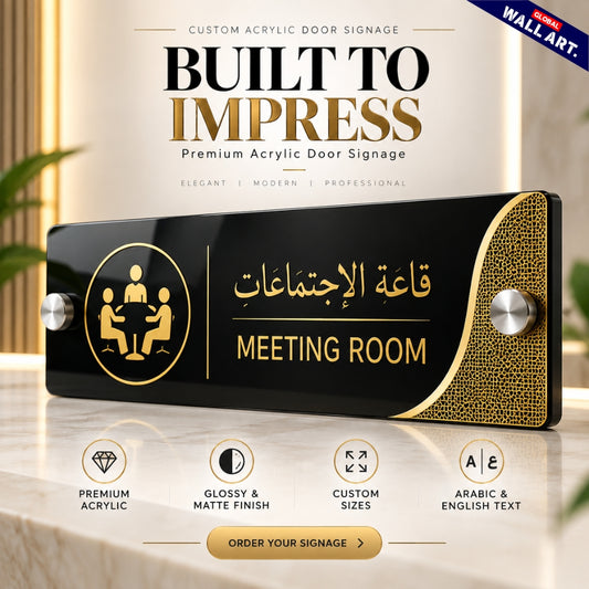 Premium custom acrylic office door signage with golden lettering and stainless steel spacers