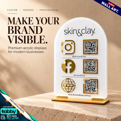 Custom rounded arch acrylic social media QR code display stand with gold icons and tabletop base