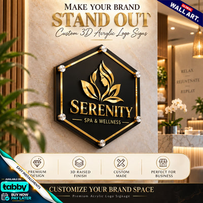 Custom Hexagone 3D Acrylic Business Sign with Gold Lettering | Premium Salon & Office Wall Sign