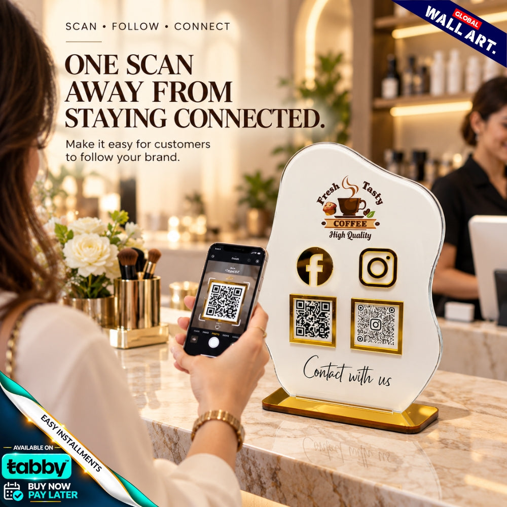 Custom wave-shaped acrylic QR code social media display stand with personalized business logo and QR codes
