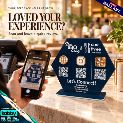 Custom hexagon acrylic tabletop QR code display stand with business logo, social media and payment QR codes
