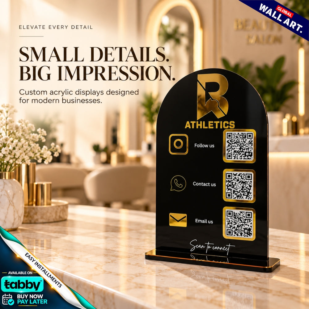 Custom rounded arch acrylic social media QR code display stand with gold icons and tabletop base