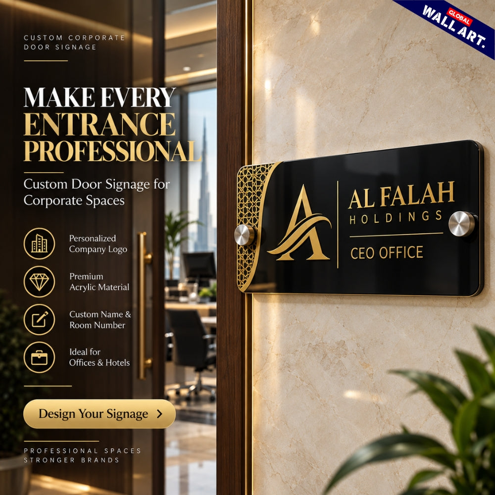 Premium custom acrylic office door signage with golden lettering and stainless steel spacers