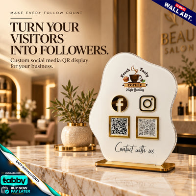 Custom wave-shaped acrylic QR code social media display stand with personalized business logo and QR codes