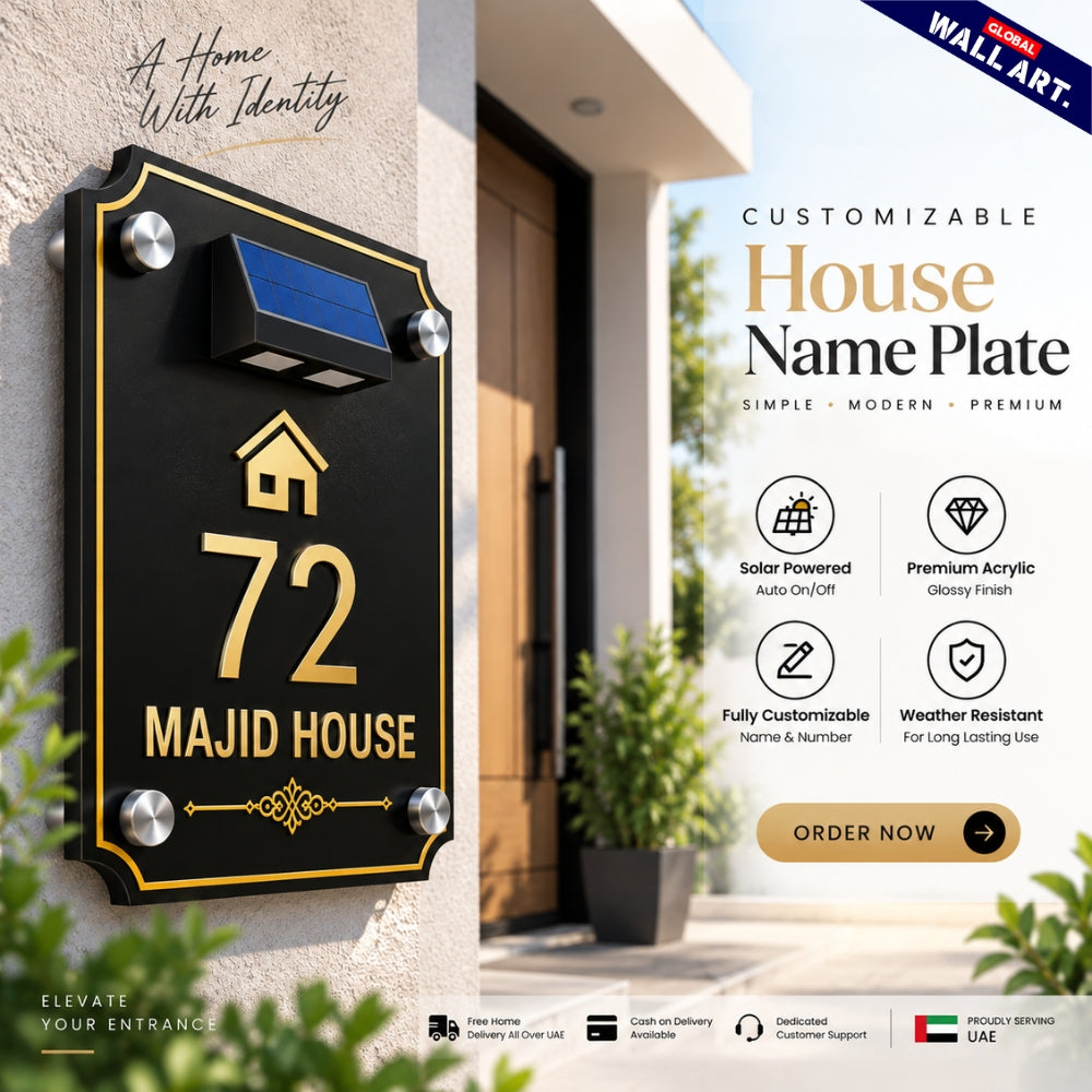 Custom Decorative Corner Acrylic House Name Plate with Solar LED Light - Global Wall Art