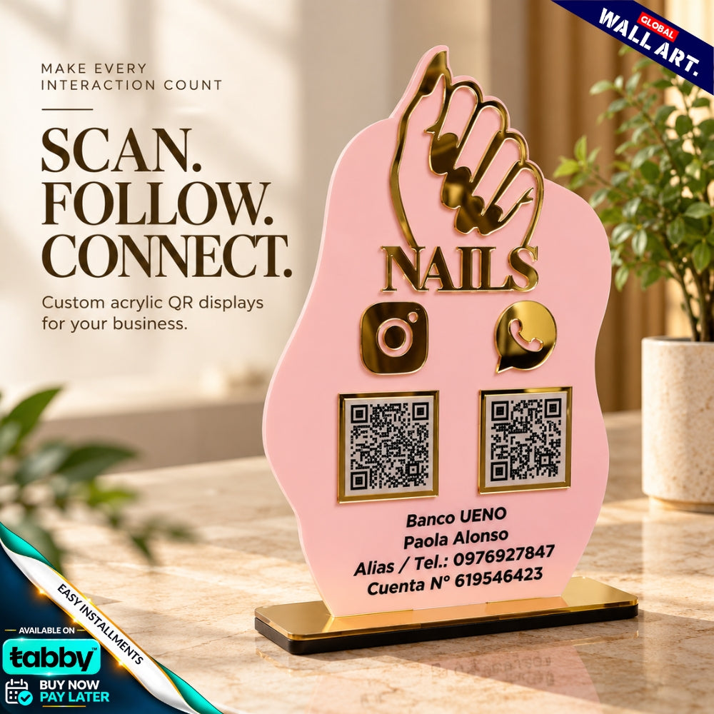 Custom wave-shaped acrylic QR code social media display stand with personalized business logo and QR codes