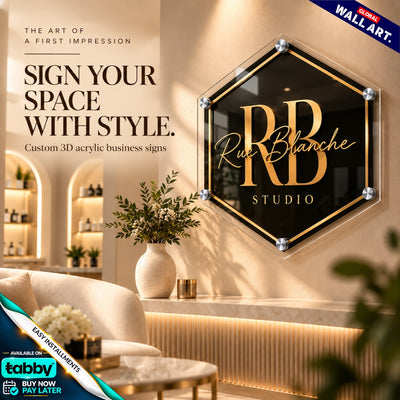 Custom Hexagone 3D Acrylic Business Sign with Gold Lettering | Premium Salon & Office Wall Sign