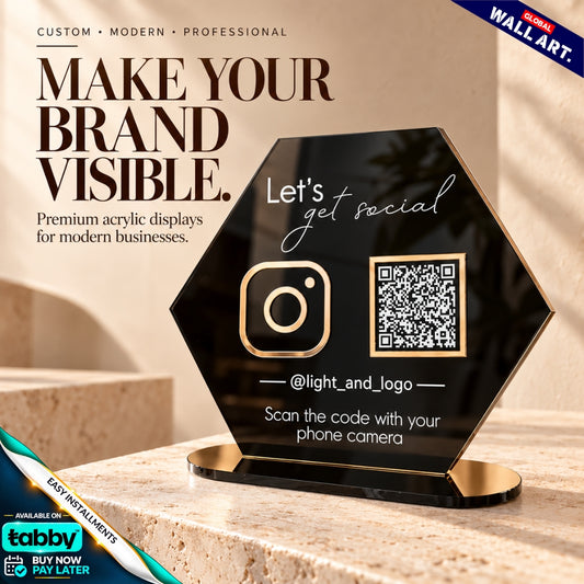 Custom hexagon acrylic tabletop QR code display stand with business logo, social media and payment QR codes