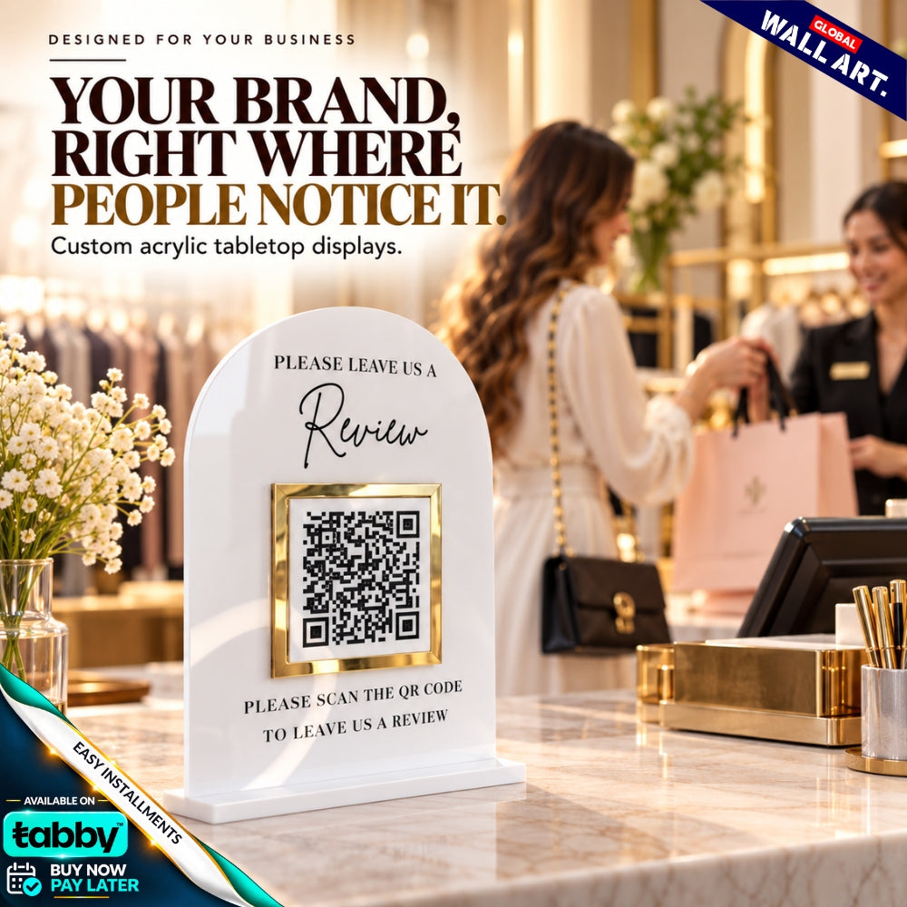 Custom rounded arch acrylic social media QR code display stand with gold icons and tabletop base