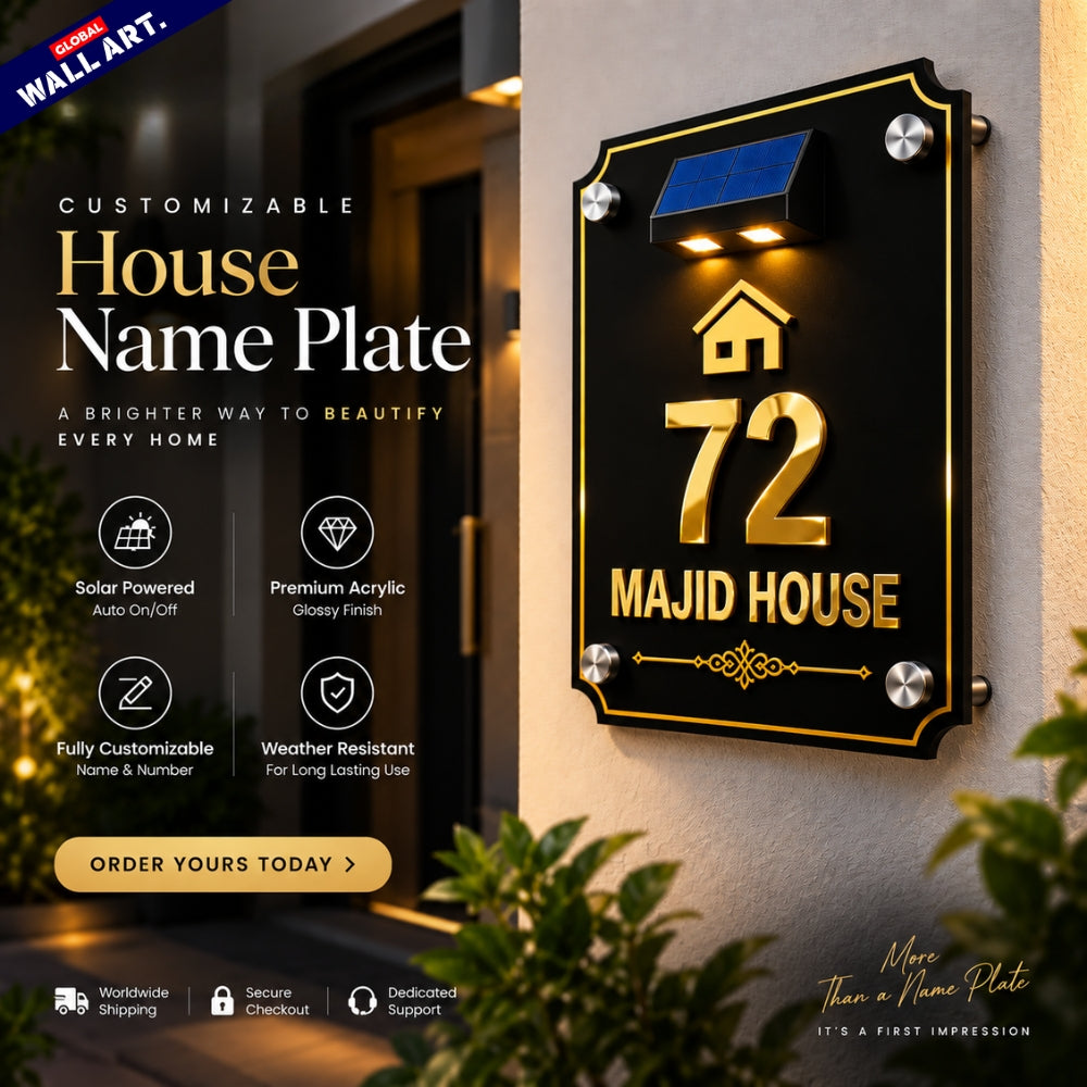 Custom Decorative Corner Acrylic House Name Plate with Solar LED Light - Global Wall Art
