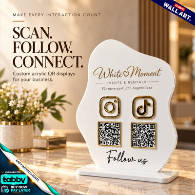 Custom wave-shaped acrylic QR code social media display stand with personalized business logo and QR codes