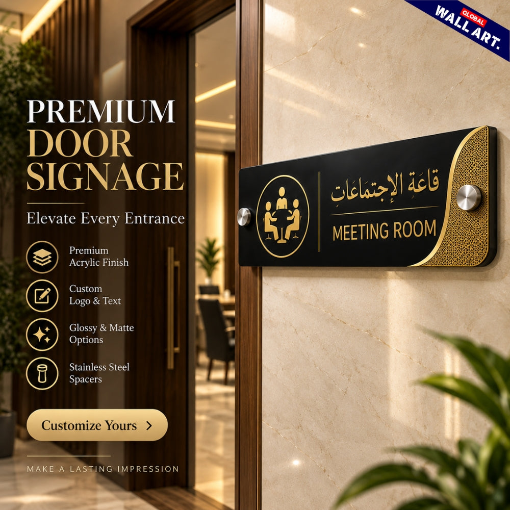Premium custom acrylic office door signage with golden lettering and stainless steel spacers
