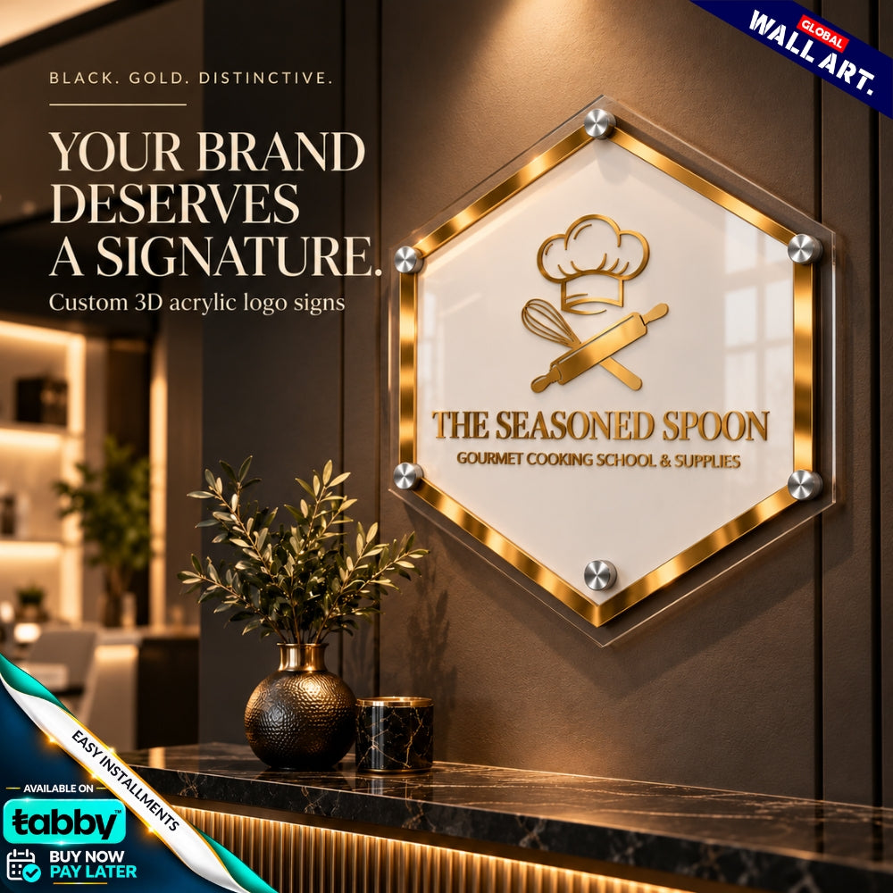 Custom Hexagone 3D Acrylic Business Sign with Gold Lettering | Premium Salon & Office Wall Sign