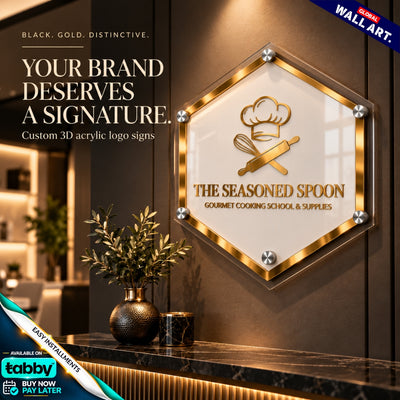 Custom Hexagone 3D Acrylic Business Sign with Gold Lettering | Premium Salon & Office Wall Sign