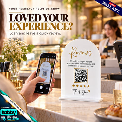 Custom rounded arch acrylic social media QR code display stand with gold icons and tabletop base