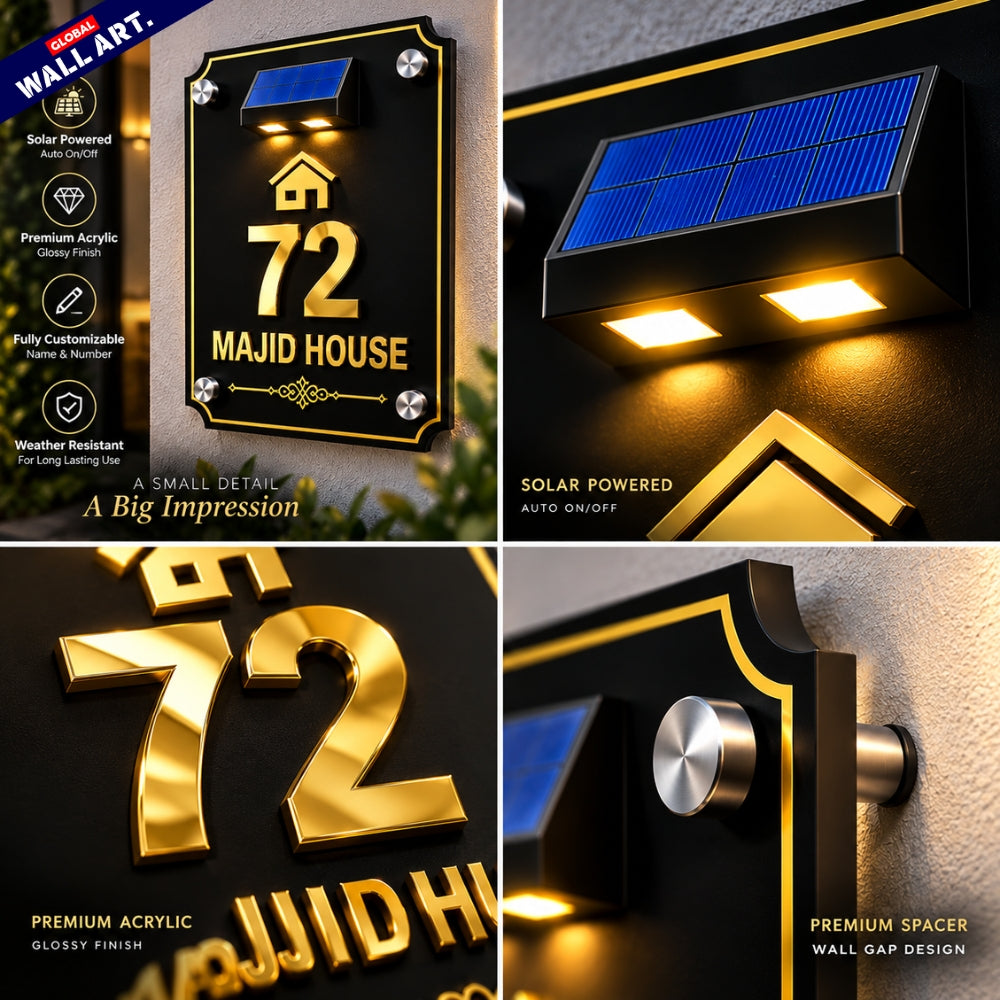 Custom Decorative Corner Acrylic House Name Plate with Solar LED Light - Global Wall Art