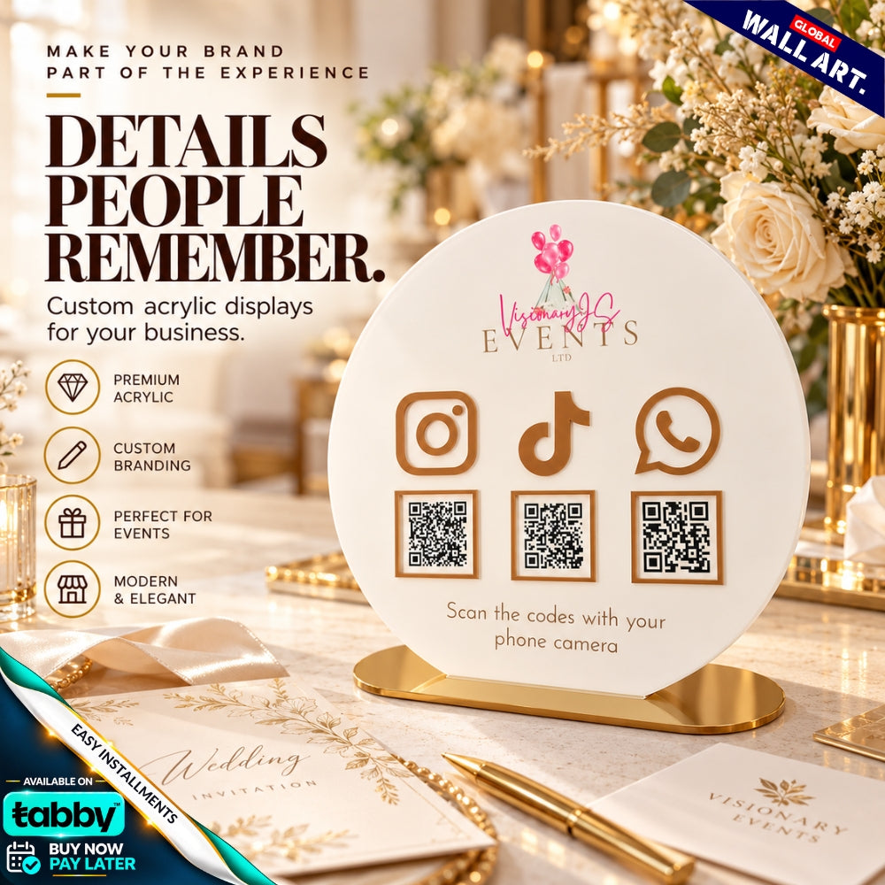Custom Round Acrylic QR Code Sign | Multi QR Social Media Display Stand