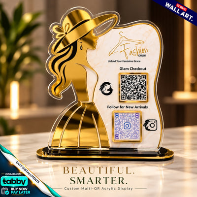 Custom wave-shaped acrylic QR code social media display stand with personalized business logo and QR codes