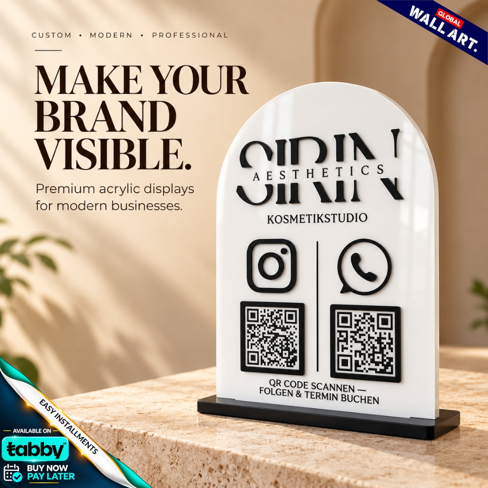Custom rounded arch acrylic social media QR code display stand with gold icons and tabletop base