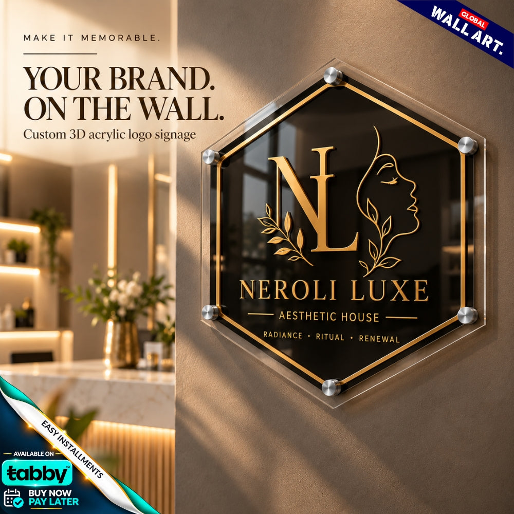 Custom Hexagone 3D Acrylic Business Sign with Gold Lettering | Premium Salon & Office Wall Sign