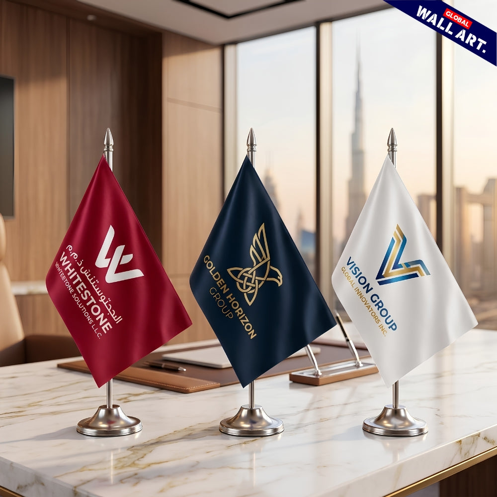 Custom Branded Table Flag with Premium Stainless Steal Stand | Corporate Desk Flag