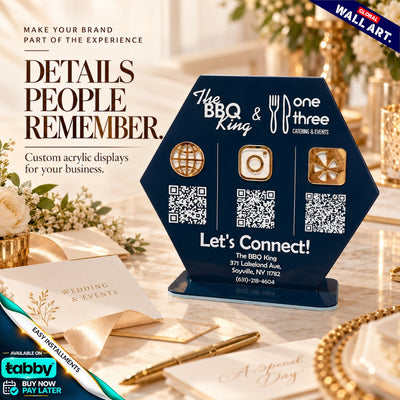 Custom hexagon acrylic tabletop QR code display stand with business logo, social media and payment QR codes