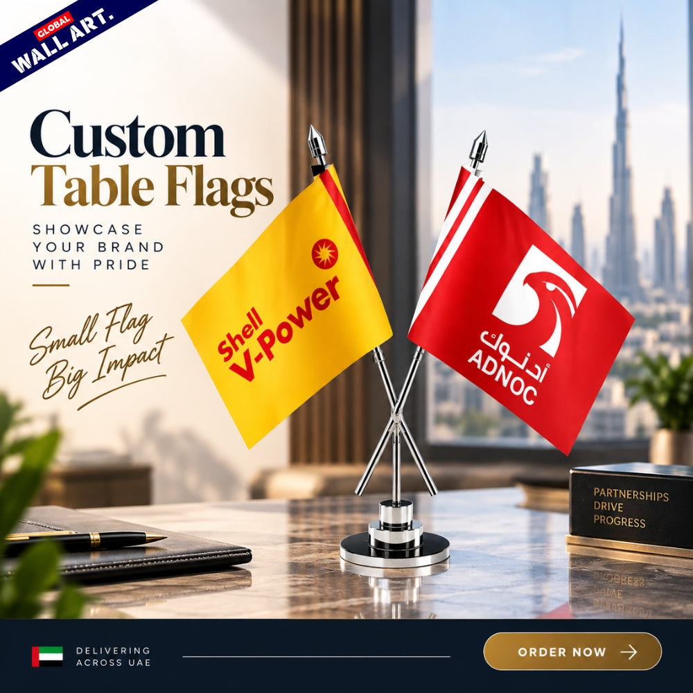 Custom Double Table Flags with Premium Stainless Steal Stand | Branded Office & Conference Desk Flags