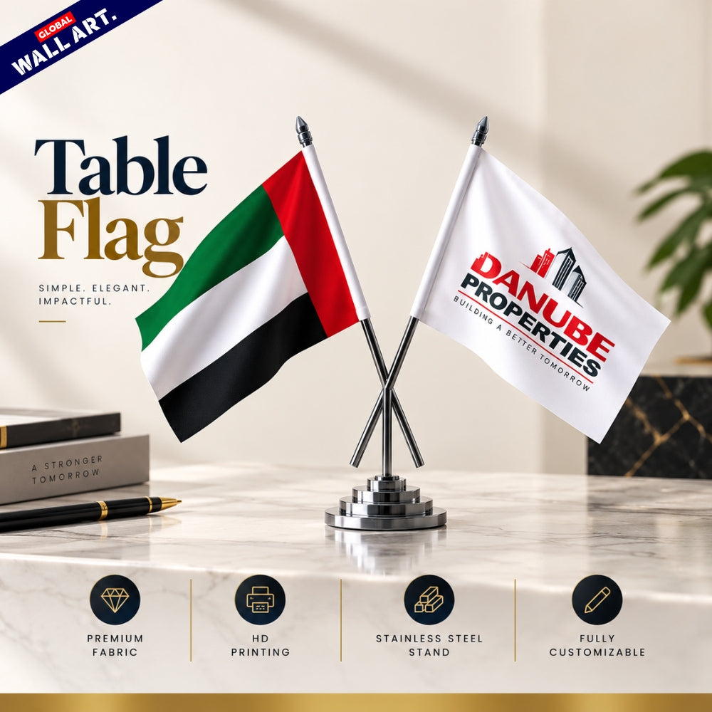 Custom Double Table Flags with Premium Stainless Steal Stand | Branded Office & Conference Desk Flags