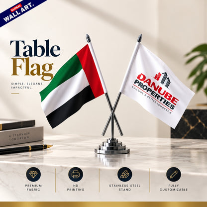 Custom Double Table Flags with Premium Stainless Steal Stand | Branded Office & Conference Desk Flags