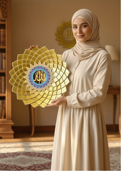Woman in a hijab holding a decorative plate in a room with bookshelves and plants.