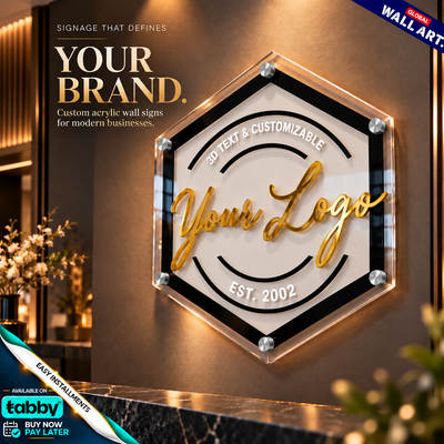 Custom Hexagone 3D Acrylic Business Sign with Gold Lettering | Premium Salon & Office Wall Sign