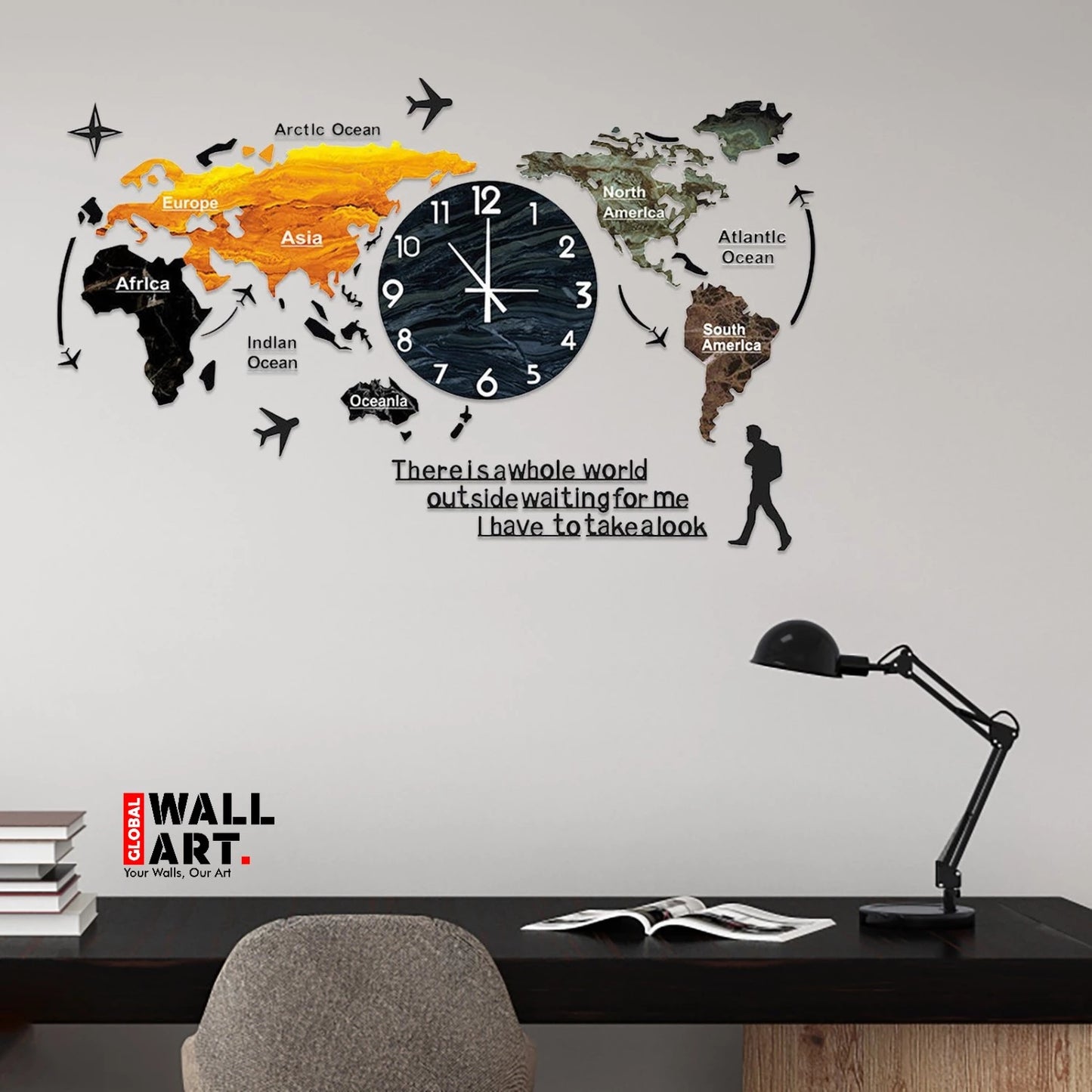 Marble Texture World Map Acrylic Wall Clock