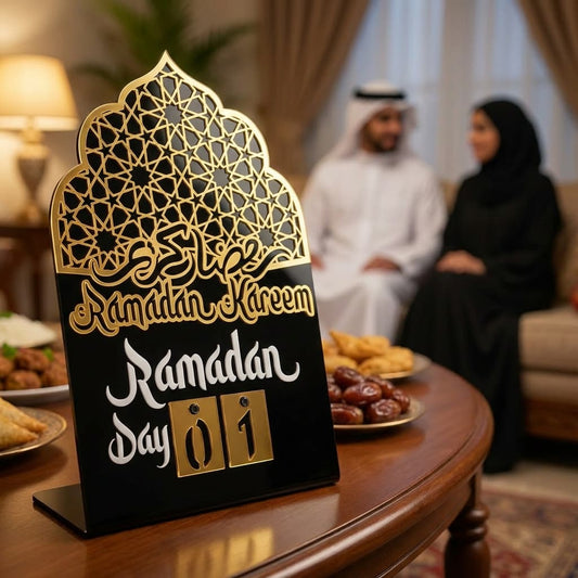 Ramadan Kareem Calendar Changeable Dates Islamic Motif Metal & Acrylic Table Decor - Global Wall Art