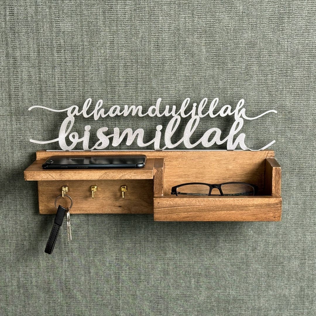 Golden Metal Bismillah and Alhamdulillah Wooden Key Holder – Muslim Home Decor for Wall
