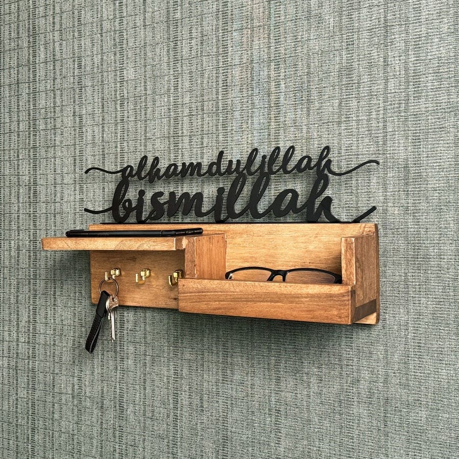 Golden Metal Bismillah and Alhamdulillah Wooden Key Holder – Muslim Home Decor for Wall