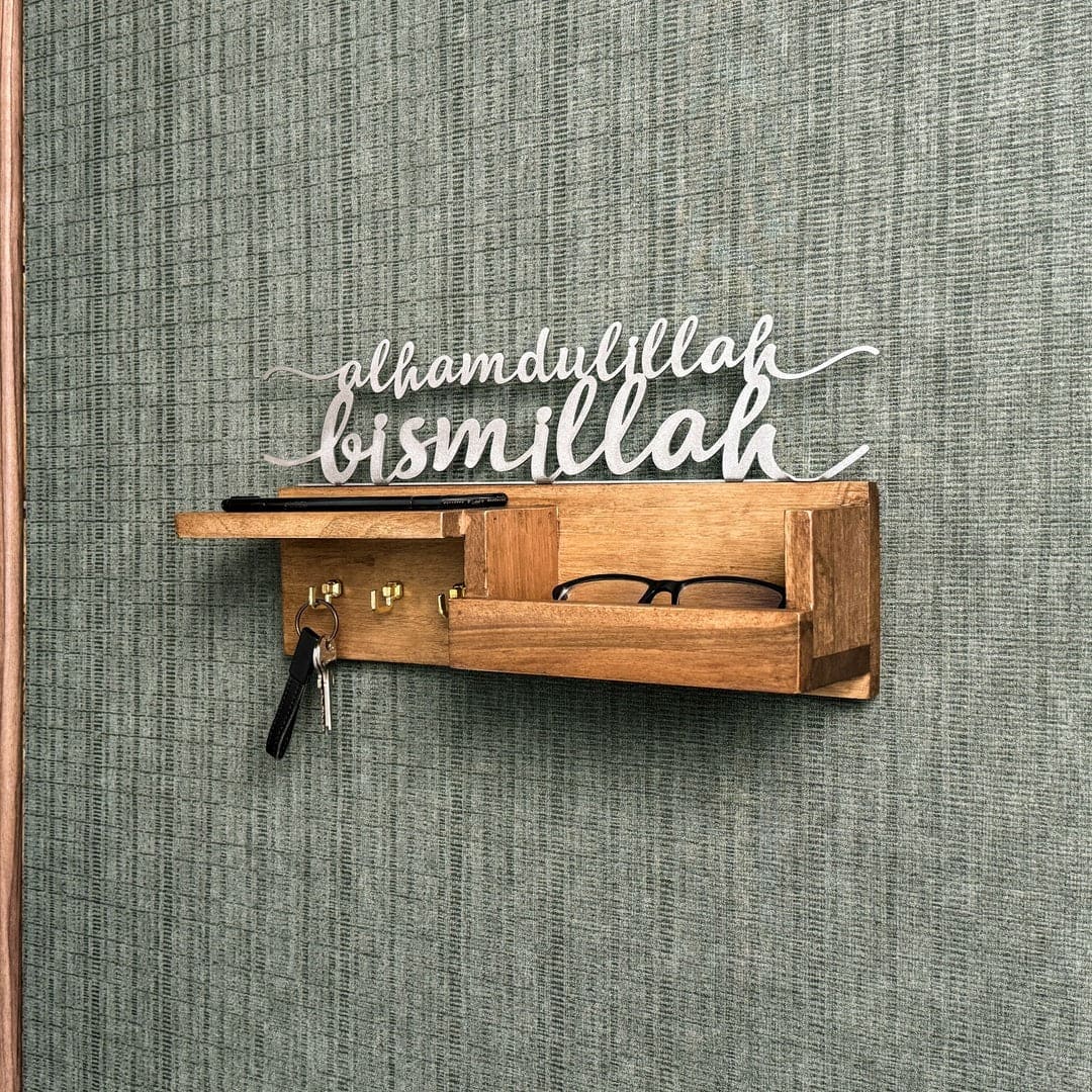 Golden Metal Bismillah and Alhamdulillah Wooden Key Holder – Muslim Home Decor for Wall