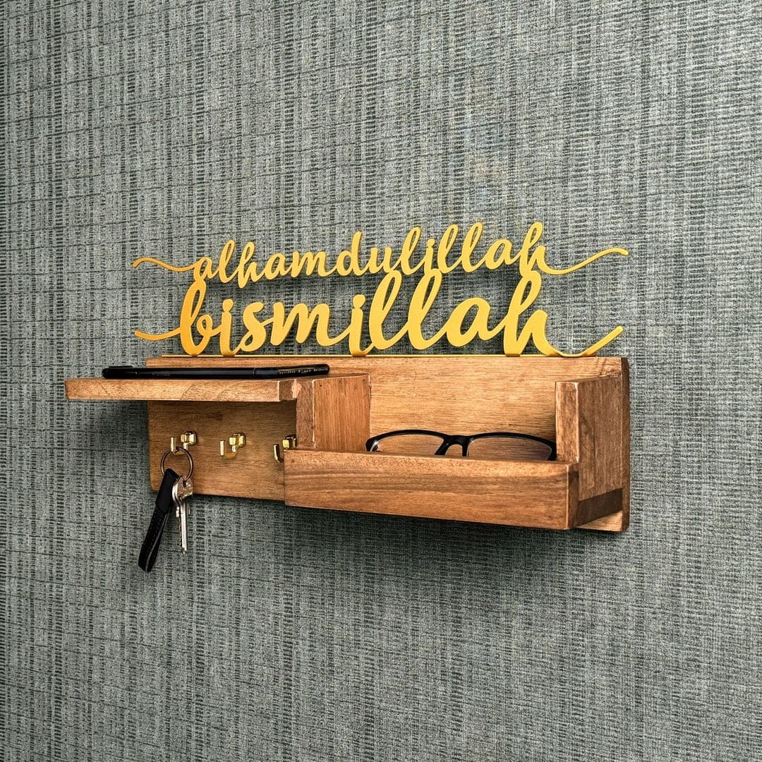 Golden Metal Bismillah and Alhamdulillah Wooden Key Holder – Muslim Home Decor for Wall