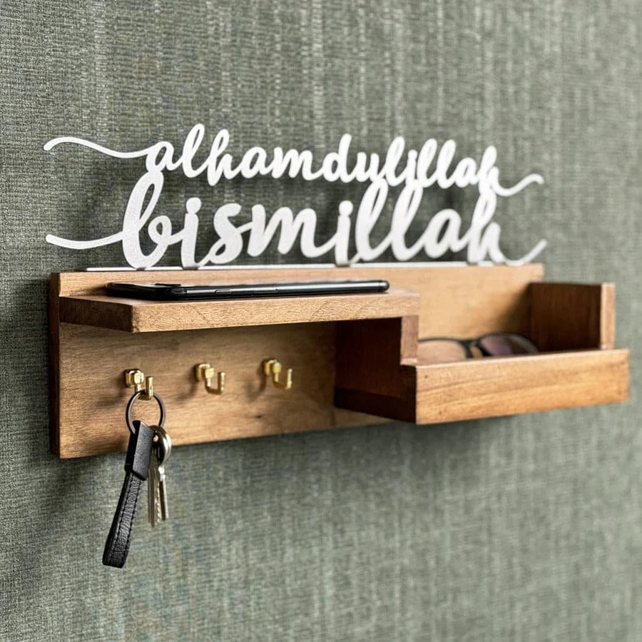 Golden Metal Bismillah and Alhamdulillah Wooden Key Holder – Muslim Home Decor for Wall