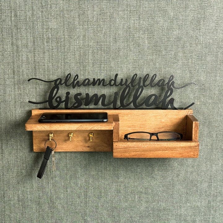 Golden Metal Bismillah and Alhamdulillah Wooden Key Holder – Muslim Home Decor for Wall