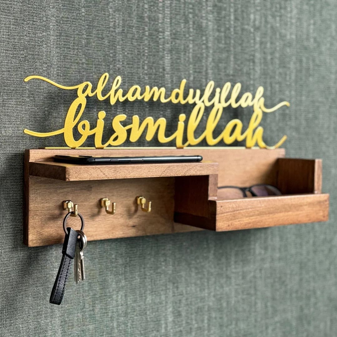 Golden Metal Bismillah and Alhamdulillah Wooden Key Holder – Muslim Home Decor for Wall