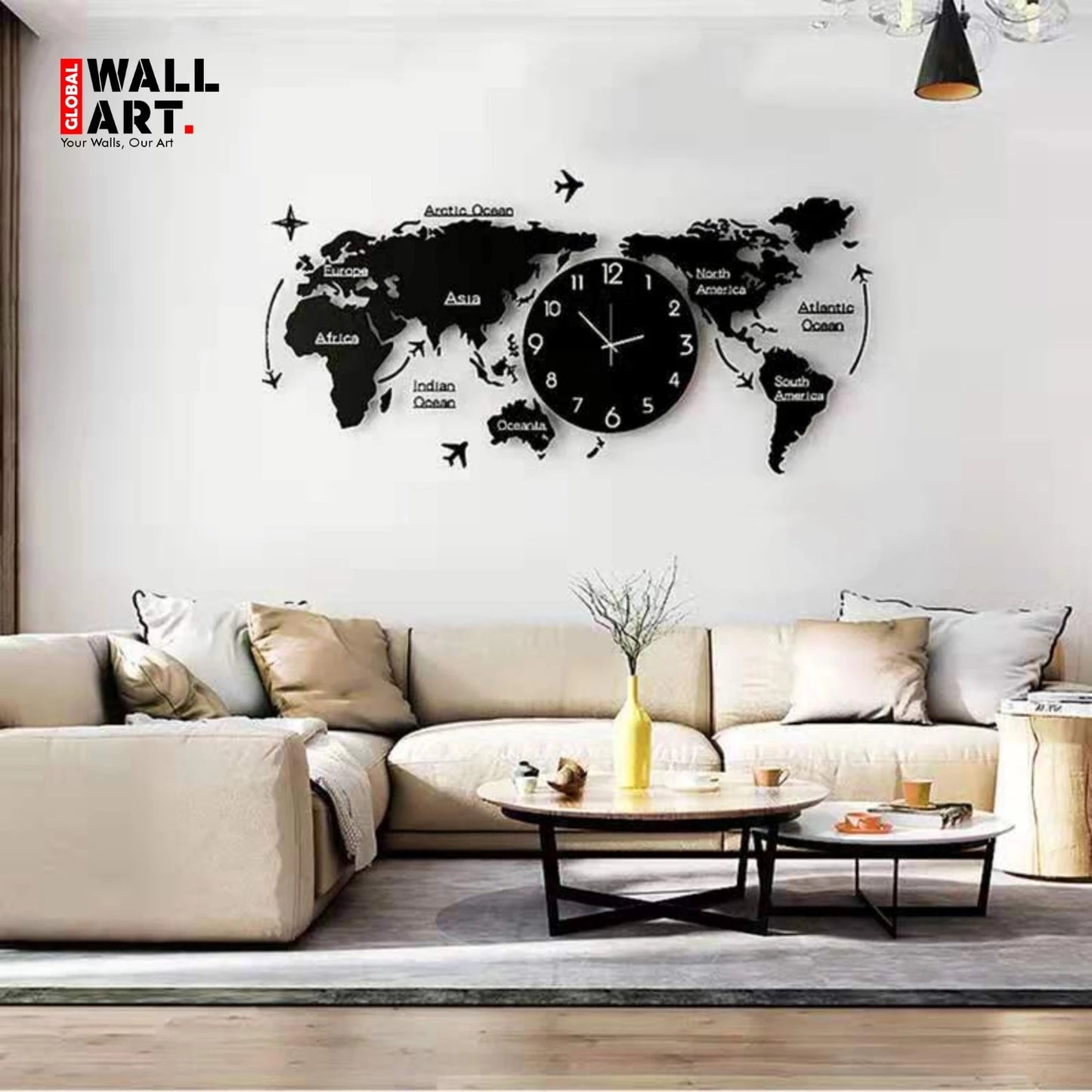 World Map Wooden Wall Clock - Self Adhesive - Global Wall Art