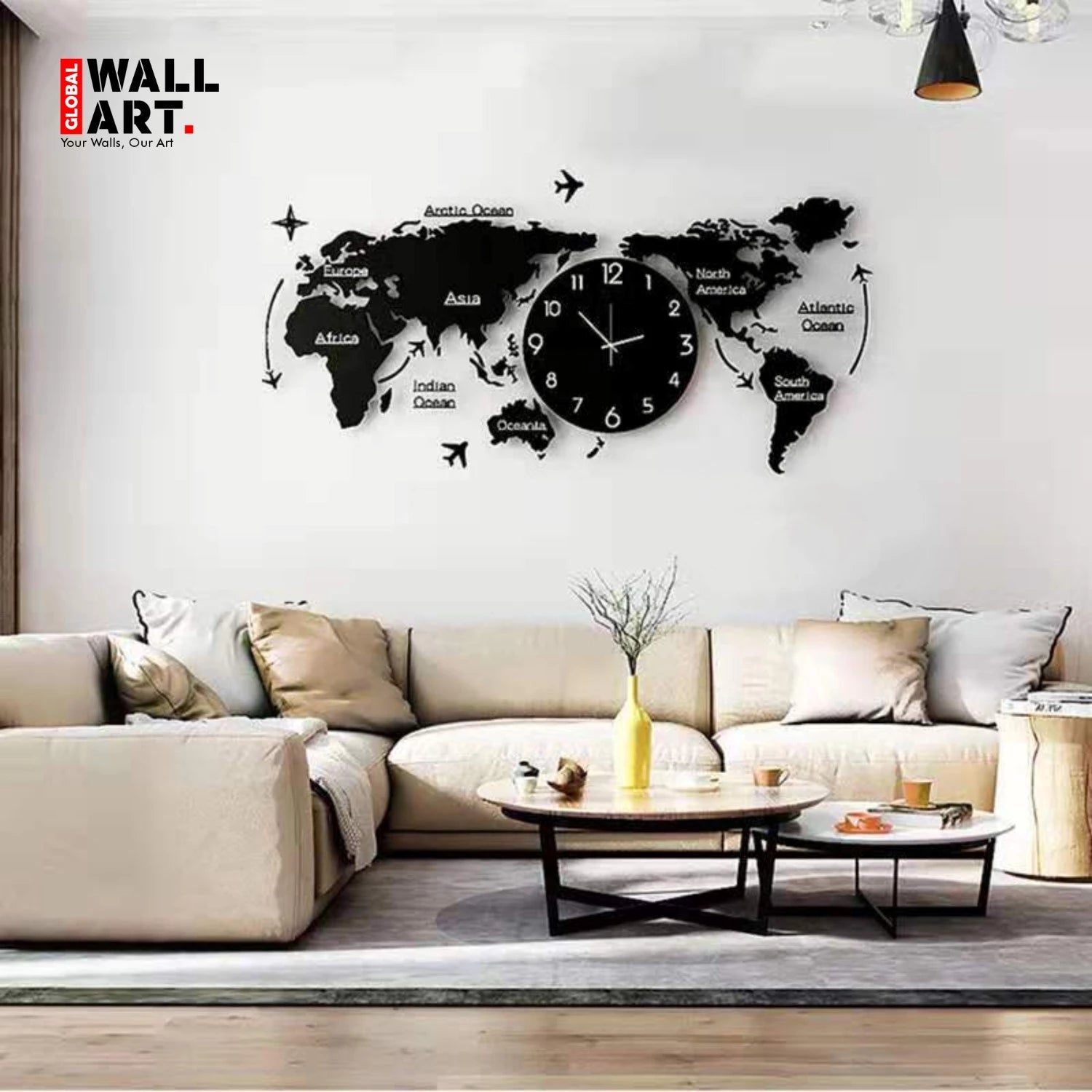 World Map Wooden Wall Clock - Self Adhesive - Global Wall Art